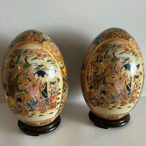 Satsuma Set of 2 Hand Painted Ceramic Eggs Gold Size 10" x 5"
